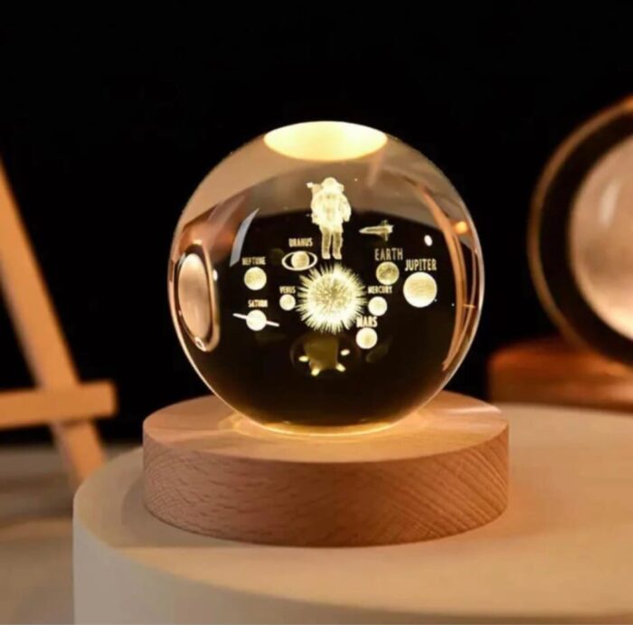 3D Crystal Astronaut With Planets Warm Led with Wood Base